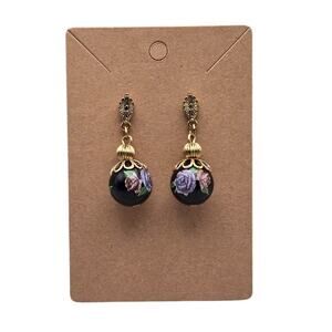 Floral Purple, Pink & Black Flower Bead Drop Earrings Drop Earrings Gold Tone